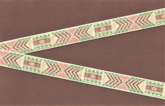 NATIVE AMERICAN D-19-C Jacquard Ribbon Cotton Trim, 3/4" Wide (20mm) Ivory Background w/Beige, Brown, Peach & Green Tones