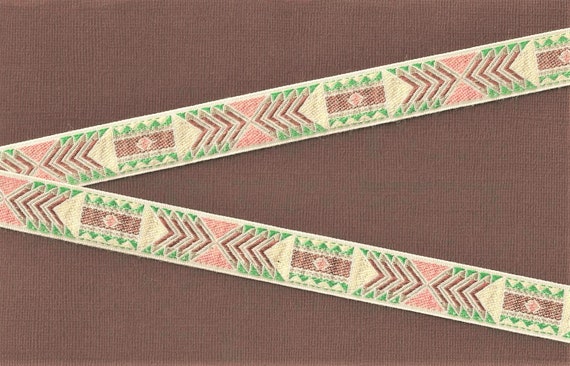 NATIVE AMERICAN D-19-C Jacquard Ribbon Cotton Trim, 3/4" Wide (20mm) Ivory Background w/Beige, Brown, Peach & Green Tones, Per Yard