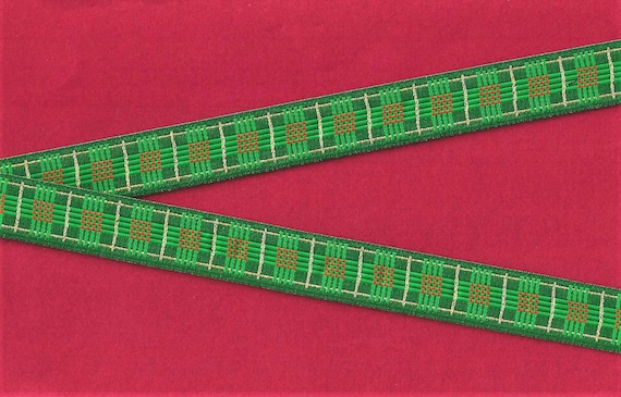 HOLIDAY E-09-A Jacquard Ribbon Poly Trim 7/8" wide (22mm) Holiday Tartan Plaid in Red & Green w/Metallic Gold Accents