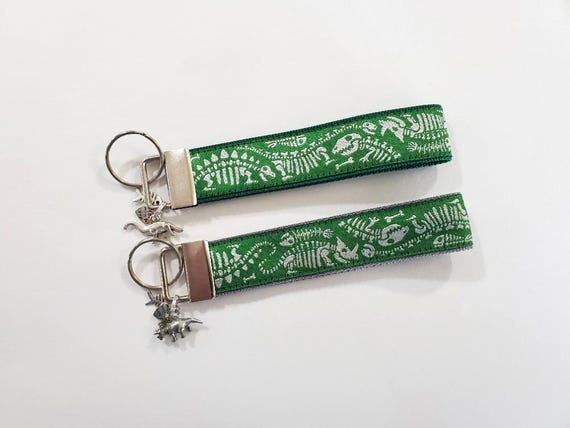 ANIMALS Jacquard Ribbon/Nylon Web 1" wide (25mm) Key Fobs Green Web w/White DINOSAUR BONES w/Charms, Wristlet, Luggage Tags 5.5" long