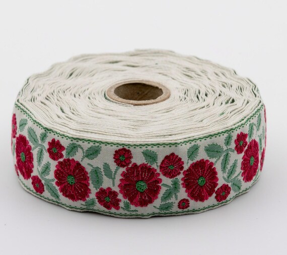 KAFKA G-31/03 Jacquard Ribbon Woven Organic Cotton Trim 1-1/4" wide (32mm) Beige Background w/Variegated Red Wild Roses, Green Leaves