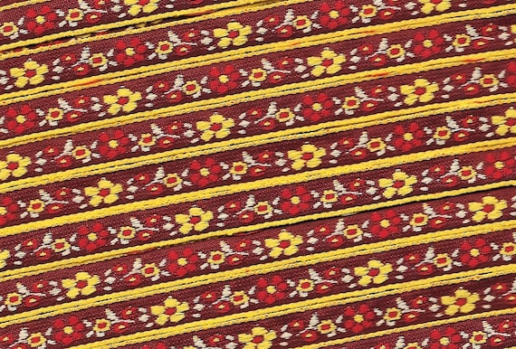 FLORAL A-30-T Jacquard Ribbon Woven Poly Trim 3/8" wide (9mm) Burgundy w/Yellow Borders, Petite Yellow & Red Flowers, Green Leaves