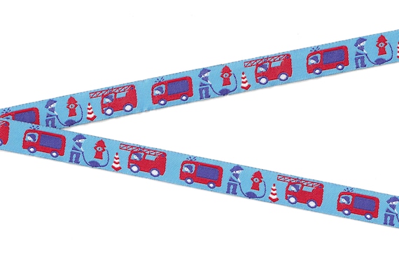 CHILDREN's C-09-A Jacquard Ribbon Poly Trim 5/8" Wide (16mm) Blue with Red Fire Trucks, Hoses, Hydrants & Firemen