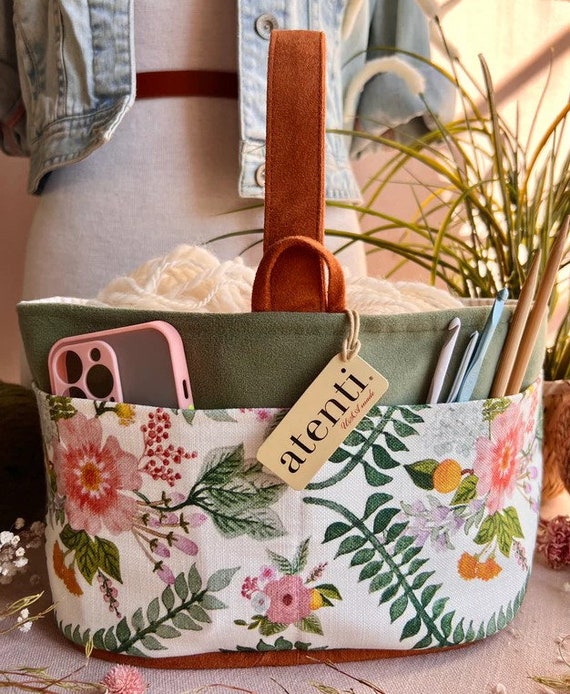 ATENTI Handmade Bags "FLORENCE" Floral, 8-Pocket Small Bucket Organizer, Needle Arts/Knitting Bag, Project Bag, Diaper Bag, USA Made