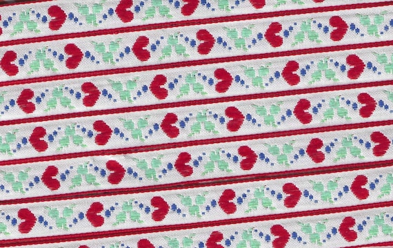HEARTS/FLOWERS B-12-C Jacquard Ribbon Poly Trim, 1/2" Wide (13mm) White w/Red Border, Red Hearts, Blue & Green Accents