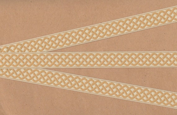 GEOMETRIC E-23-C Jacquard Ribbon Poly Trim, 7/8" Wide (22mm) Cream Background w/Beige Celtic Rope Trellis Pattern, Per Yard