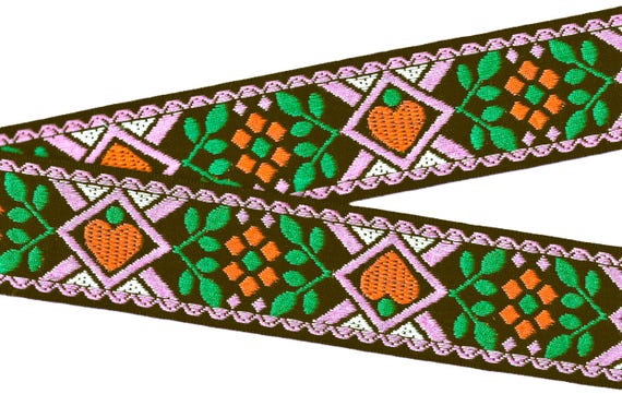 HEARTS/FLOWERS K-01-B Jacquard Ribbon Cotton Trim 1-7/8" Wide (48mm) VINTAGE Black w/Orange Hearts/Flowers