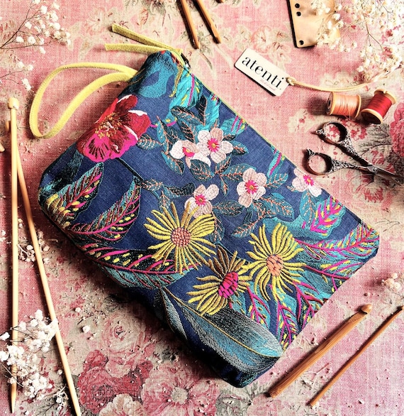 ATENTI Handmade Bags "FLORA" Embroidered Tapestry Floral Grand Accessory Pouch Needle Arts Organizer, Cosmetics, Accessory Bag, USA Made