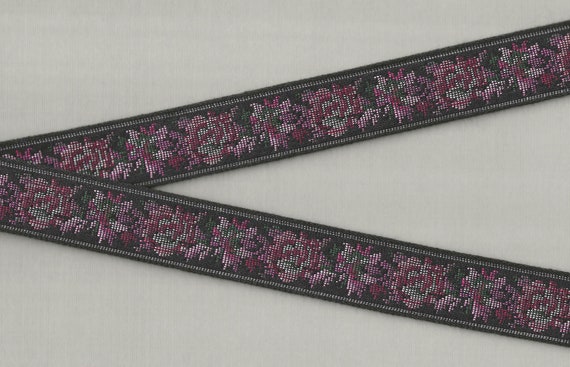 FLORAL TAPESTRY F-21-Q Jacquard Ribbon Cotton Trim 1-1/8" wide (28mm) "Petit Point" Black w/Variegated Pink & Gray Flowers, Green Leaves