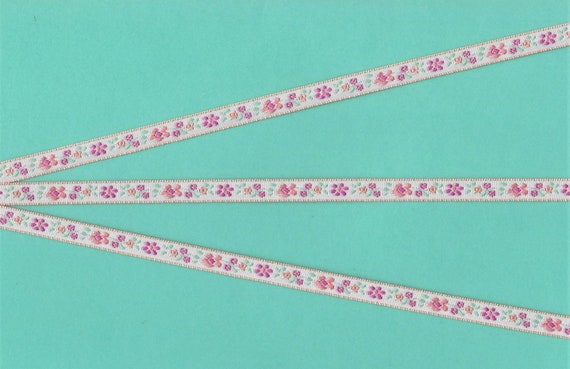 FLORAL A-14-C Jacquard Ribbon Poly Trim, 1/4" Wide (6mm) White Background, Peach Border, Soft Pink & Peach Flowers, Aqua Leaves, Per Yard