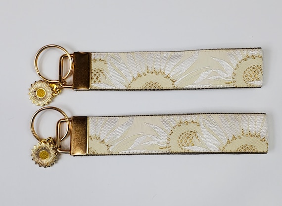 FLORAL Jacquard Ribbon/Nylon Web 1" wide (25mm) Key Fobs, White Sunflowers w/Charms, Keychain, Key Wristlet, Luggage Tags, 5.5" long