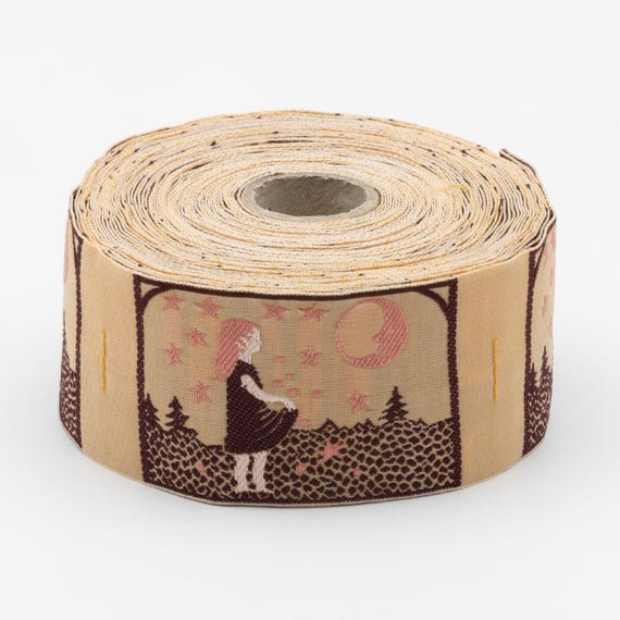 KAFKA H-09/12 Jacquard Ribbon Organic Cotton Trim 1-5/8" wide (42mm) "Starcatcher" in Brown Apricot & Peach