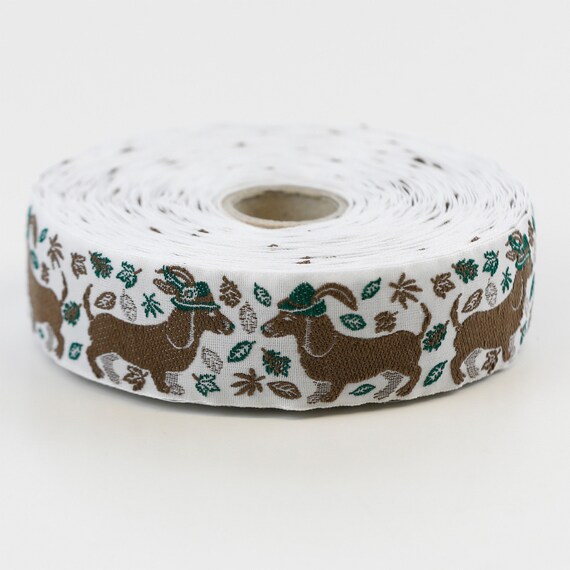 KAFKA F-06/01 Jacquard Ribbon Woven Organic Cotton Trim 1" wide (25mm) NEW  White Background w/Brown Dachshunds wearing Green Hats!