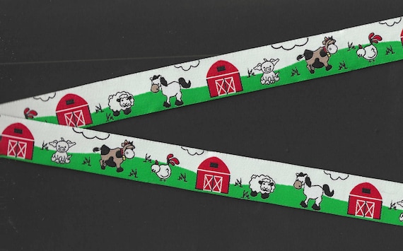 ANIMALS/Farm E-21-A Jacquard Ribbon Polyester Trim 7/8" Wide (22mm) On the Farm w/Cows, Chickens, Pigs, Horses & Red Barn
