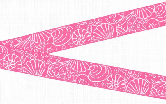 NOVELTY/Beach G-14-B Jacquard Ribbon Poly Trim 1-1/8" wide (28mm) Reversible, Pink Background w/White Seashells, Beach Motif