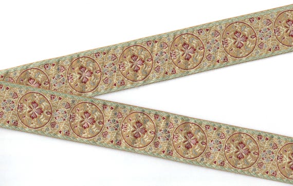 FLORAL H-06-D Jacquard Ribbon Poly Trim 1-1/2" wide (38mm) Made in FRANCE, Tan, Mint, Pink & Gray