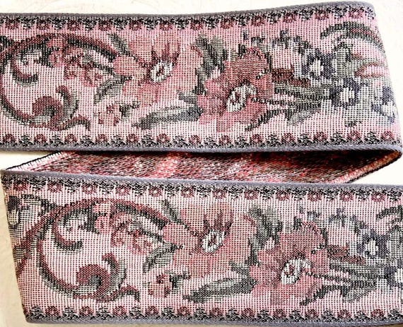 FLORAL TAPESTRY M-09-L Jacquard Ribbon Cotton Trim 2-5/8" wide (67mm) VINTAGE Rosy-Pink Background w/Beige, Tan & Olive Green