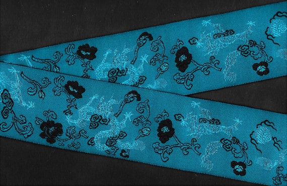 FLORAL L-01 Jacquard Ribbon Poly Trim 2-1/8" wide (54mm) Teal Background, Black Flowers & Accents, Light Teal Dragon Asian Motif, Per Yard