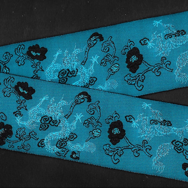 FLORAL L-01 Jacquard Ribbon Poly Trim 2-1/8" wide (54mm) Teal Background, Black Flowers & Accents, Light Teal Dragon Asian Motif, Per Yard