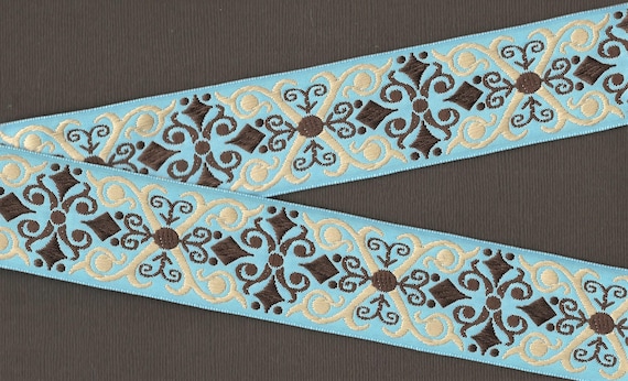 GEOMETRIC H-09-F Jacquard Ribbon Poly Trim 1-1/2" wide (38mm) Aqua w/Brown & Cream