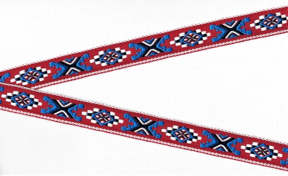 NATIVE AMERICAN E-01-F Jacquard Ribbon Polyester Trim, 7/8" Wide (22mm) Red w/White Border, Navy, Royal Blue & White "X" Pattern, Per Yard