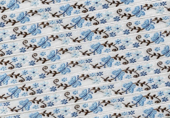 INSECTS A-01-A Jacquard Ribbon Poly Trim 3/8" wide (9mm) White w/Blue Butterflies & Flowers