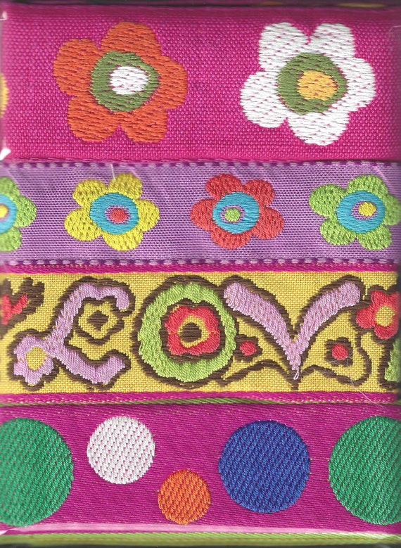 RIBBON PAK-108 Jacquard Ribbon Woven Cotton Trims 1yd lengths of 4 VINTAGE Retro Hippie Boho Designs in Pink, Purple, Orange, Green & Yellow