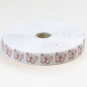 KAFKA D-10a/01 Jacquard Ribbon Woven Organic Cotton Trim 13/16&quot; wide (21mm) White with Pink & Rosewood Butterflies