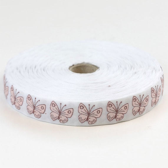 KAFKA D-10a/01 Jacquard Ribbon Woven Organic Cotton Trim 13/16" wide (21mm) White with Pink & Rosewood Butterflies