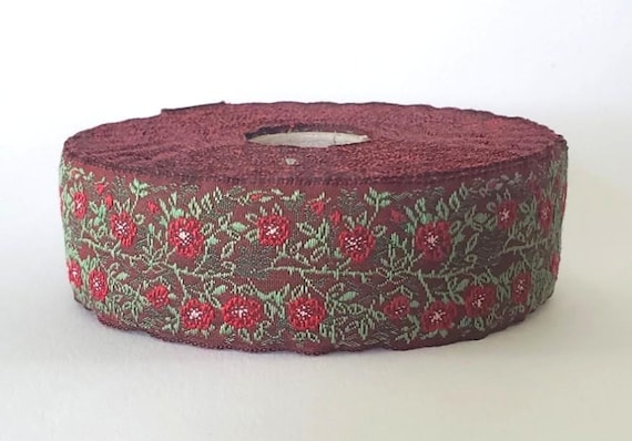 KAFKA F-02/24 Jacquard Ribbon Woven Organic Cotton Trim 1" wide (25mm) Burgundy w/Dark Red & Pink Dog Roses, 2-Tone Green Leaves