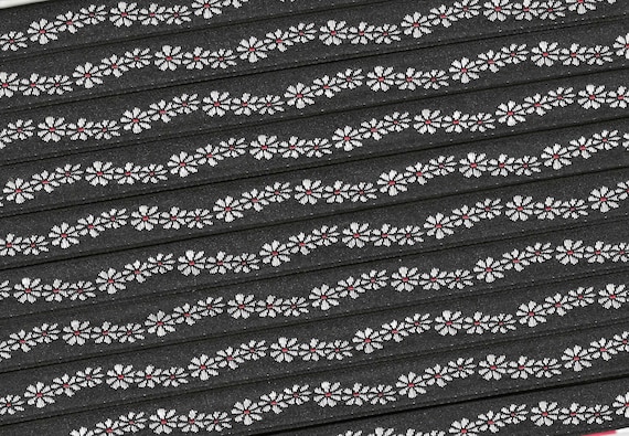 FLORAL A-10-B Jacquard Ribbon Poly Trim 3/8" Wide (9mm) VINTAGE Made in France, Black w/Petite White Daisies, Red Accents