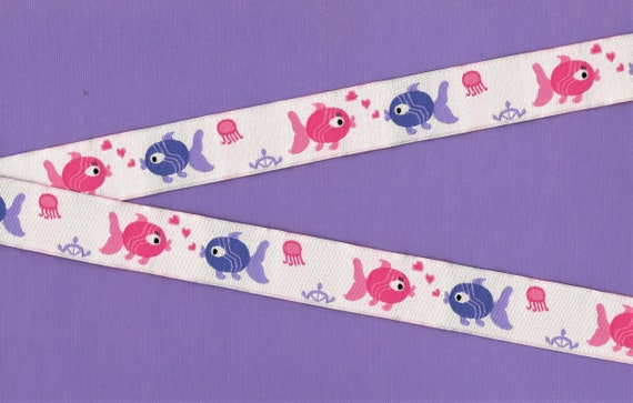 ANIMALS/FISH E-04-A Jacquard Ribbon Poly Trim 7/8" wide (22mm) White w/Purple & Pink Fish