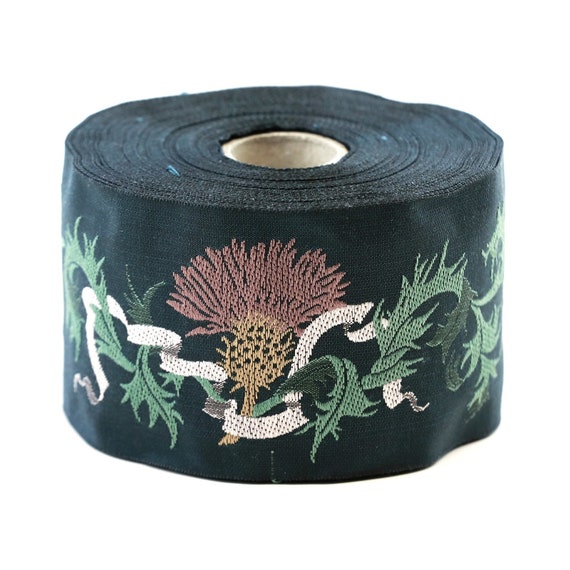 KAFKA K-01/2301 Jacquard Ribbon Woven Organic Cotton Trim 2" wide (50mm) Dark Green w/Dusty Rose Thistles, Pale Pink Ribbons, Green Leaves