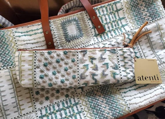 ATENTI Handmade Bags "LILY" Tapestry Pattern in Ivory & Green Accessory Pouch, USA Made