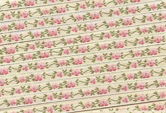 FLORAL A-01-G Jacquard Ribbon Rayon Trim 5/16" wide (8mm) Rare, Made in France, Ivory w/Variegated Pink Flowers, Olive Green Leaves