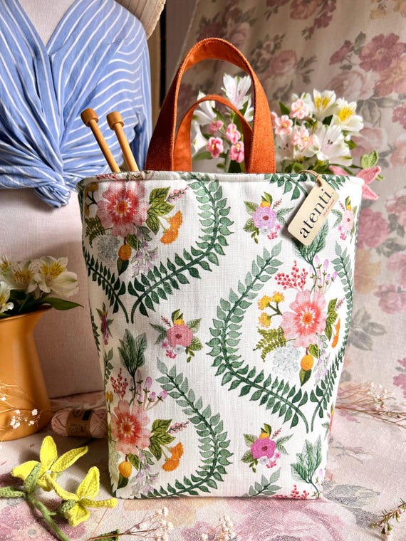 ATENTI Handmade Bags "FLORENCE" Floral Pattern, Hope Basket Organizer, Needle Arts/Knitting Bag, Diaper Bag, USA Made