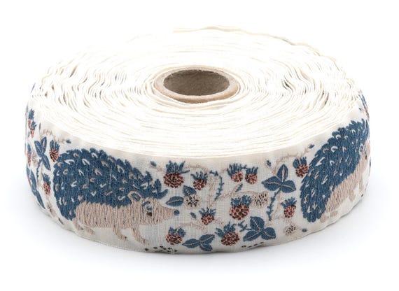 KAFKA G-33/01 Jacquard Ribbon Woven Organic Cotton Trim 1-1/4" wide (32mm) Ivory w/Blue & Beige Hedgehogs