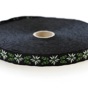 KAFKA C-03/04 Jacquard Ribbon Woven Organic Cotton Trim 5/8&quot; wide (16mm) Black Background w/White Edelweiss Flowers, Green Accents