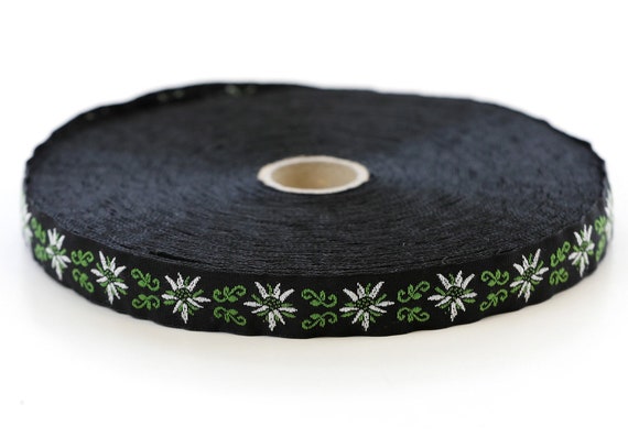 KAFKA C-03/04 Jacquard Ribbon Woven Organic Cotton Trim 5/8" wide (16mm) Black Background w/White Edelweiss Flowers, Green Accents