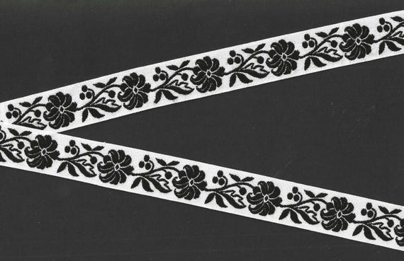 FLORAL E-76-A Jacquard Ribbon Cotton Trim 7/8" wide (22mm) White Background w/Black Flowers, Black Leaves, Black Stems, Black Vines & Buds