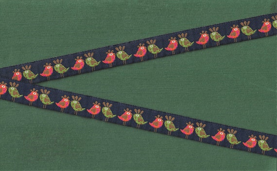 ANIMALS/Birds C-05-A Jacquard Ribbon Poly Trim 5/8" Wide (16mm) Navy Background w/Orange & Olive Green "Love Birds"