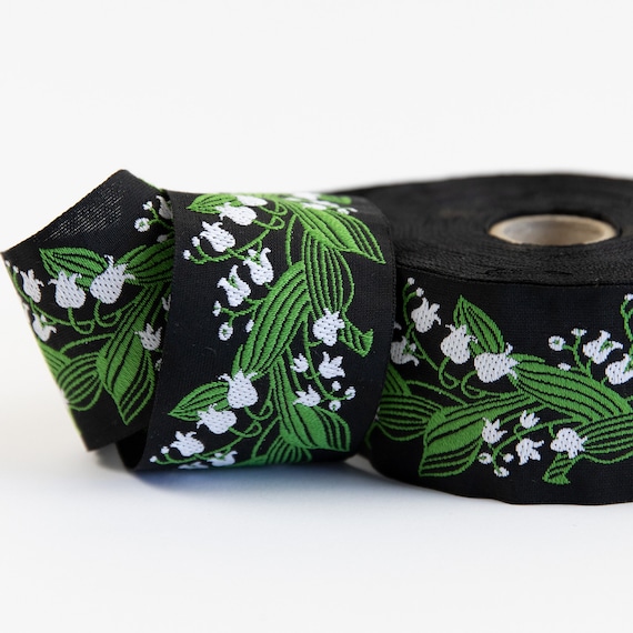 KAFKA H-02/21 Jacquard Ribbon Organic Woven Cotton Trim 1-1/2" wide (38mm) Black w/White Lilies of the Valley & Green Leaves