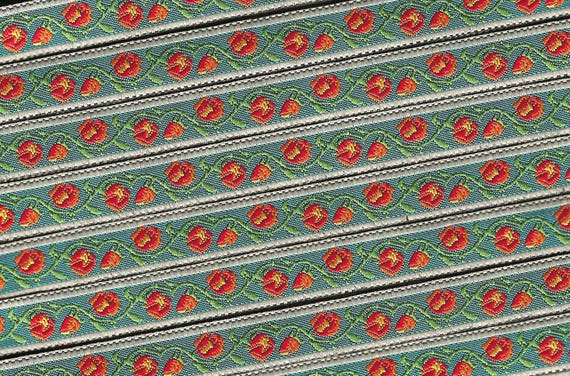 FLORAL B-43-H Jacquard Ribbon Poly Trim 1/2" wide (13mm) Teal Background/Gray Borders w/Orange & Yellow Flowers, Green Vines/Leaves