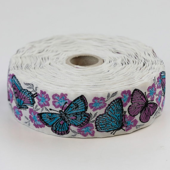 KAFKA G-22/04 Jacquard Ribbon Woven Organic Cotton Trim 1-1/4" wide (32mm) Natural with Black/Magenta/Turquoise Butterflies & Blossoms