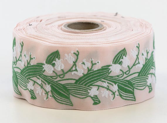 KAFKA H-02/33 Jacquard Ribbon Woven Organic Cotton Trim 1-1/2" wide (38mm) Ballet Pink w/White Lilies of the Valley, Green Leaves