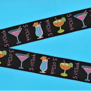 NOVELTY G-04-B Jacquard Ribbon Poly Trim 1-1/8&quot; wide (28mm) Douglas Paquette, Black Background w/Bright Mixed Drinks &quot;5 O&#39;clock&quot; (Somewhere)