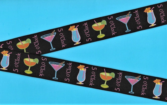 NOVELTY G-04-B Jacquard Ribbon Poly Trim 1-1/8" wide (28mm) Douglas Paquette, Black Background w/Bright Mixed Drinks "5 O'clock" (Somewhere)