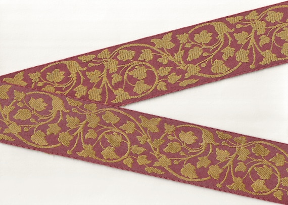 FLORAL L-11-C Jacquard Ribbon Polyester Trim 2-3/16" wide (54mm) Vintage from 1999, Dk Coral Background, Mustard Yellow Vines & Leaves
