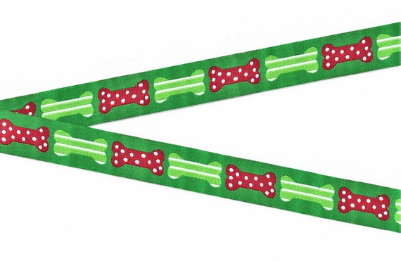 HOLIDAY E-12-A Jacquard Ribbon Poly Trim 7/8" wide (22mm) Christmas Red Polka Dots and Green Striped Dog Bones