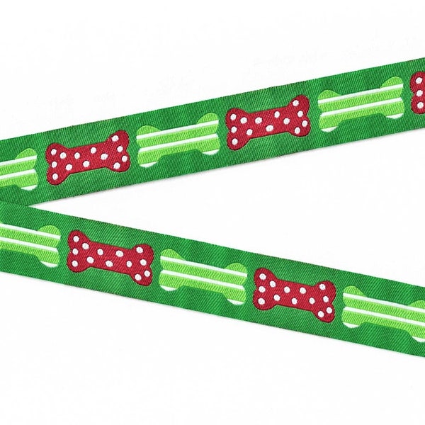 HOLIDAY E-12-A Jacquard Ribbon Poly Trim 7/8" wide (22mm) Christmas Red Polka Dots and Green Striped Dog Bones, Per Yard